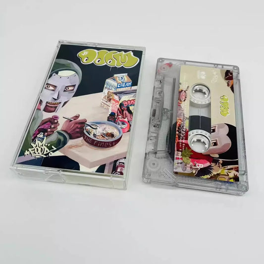 Clear plastic rap mf doom cassette tape with colorful cartoon art and stylized green oogs lettering for walkman recorder car use
