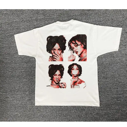 White cotton breathable printed t-shirt featuring hip-hop rap street-style four-panel graphic of rihanna
