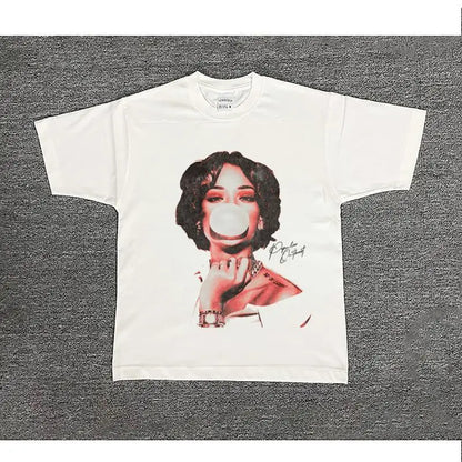 White breathable printed cotton t-shirt with hip-hop rap street-style graphic of woman blowing bubble in red and black ink