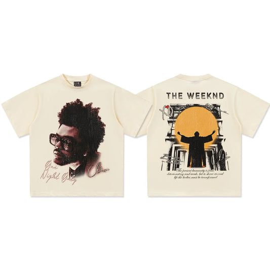 Cream-colored weeknd short sleeve cotton t-shirt with front graphic and back silhouette design for women summer tide brand vintage loose fit