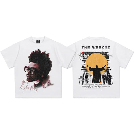 White cotton hip hop rap the weeknd short sleeve t-shirt with graphic print front and back women summer tide brand vintage loose