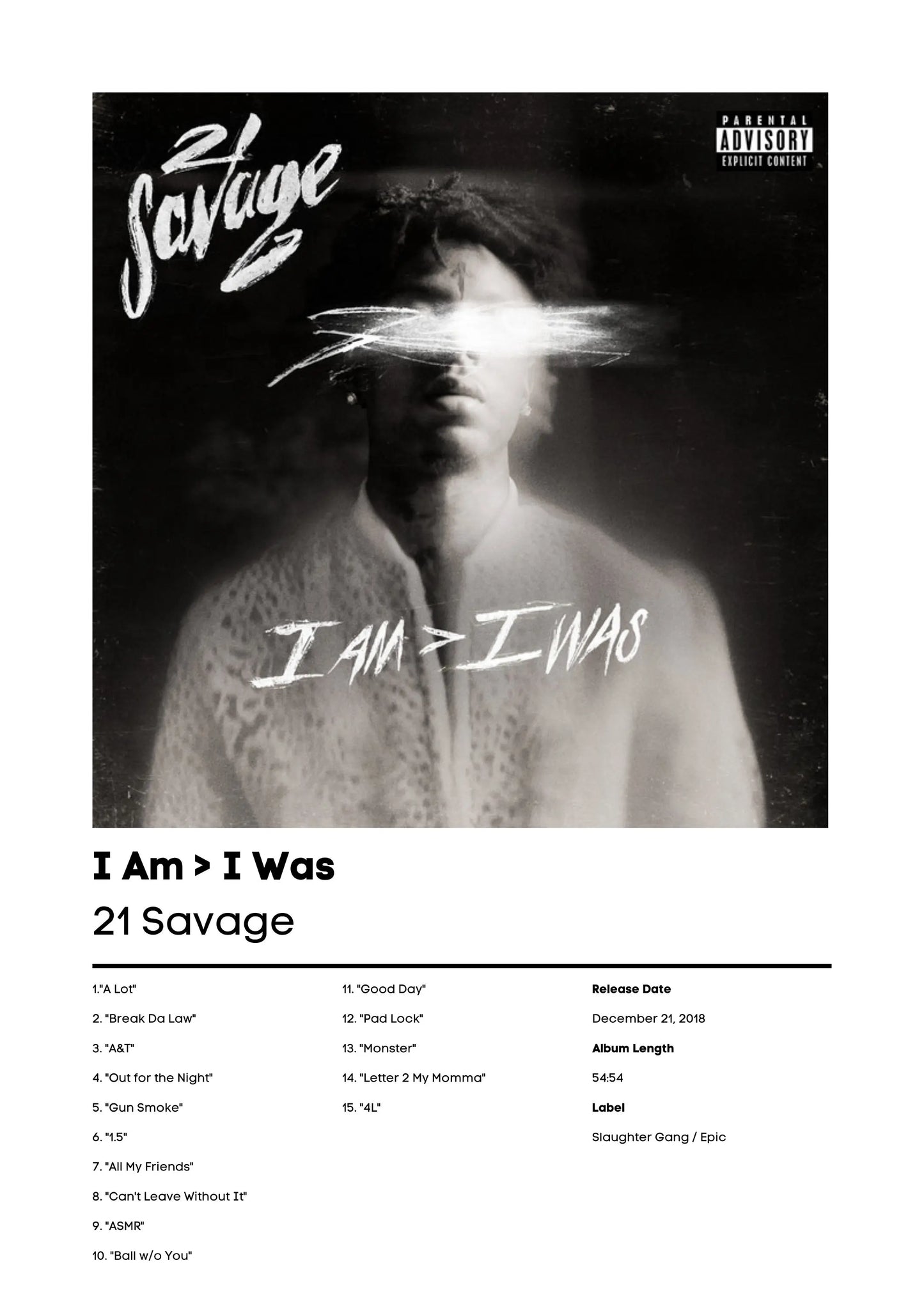 Black and white hip hop rapper 21 savage music album art poster canvas featuring i am greater than i was design
