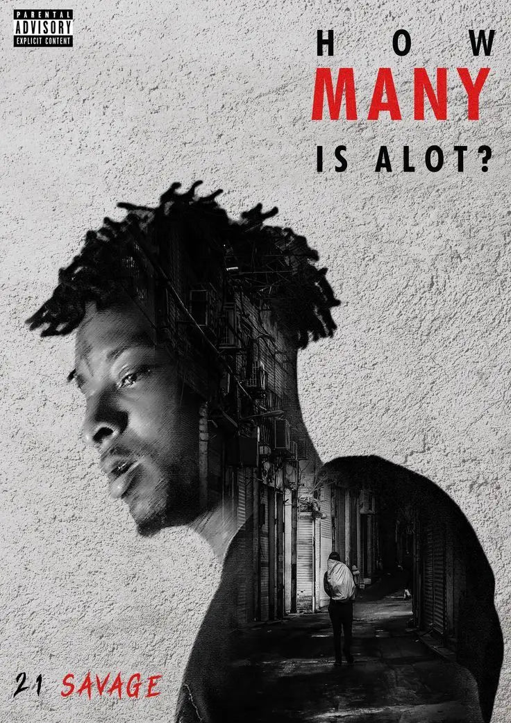 Black and white art poster canvas of hip hop rapper 21 savage with dreadlocks and urban alleyway silhouette