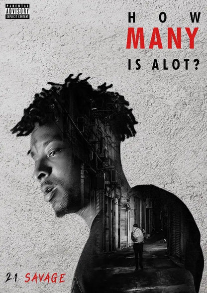 Black and white art poster canvas of hip hop rapper 21 savage with dreadlocks and urban alleyway silhouette