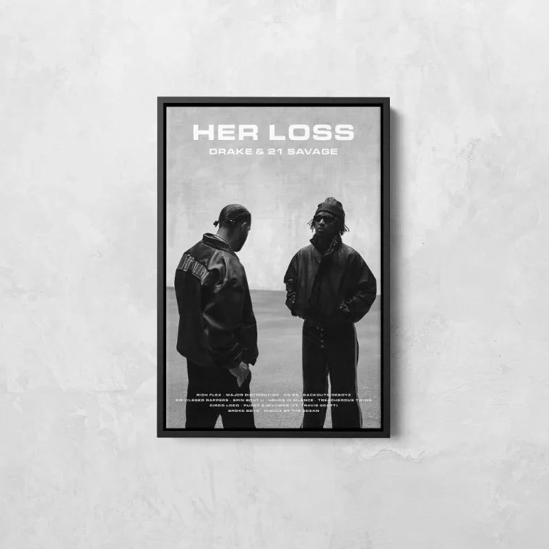 Black-framed hip hop rapper art poster canvas featuring black-and-white savage music album photo of drake and 21 savage