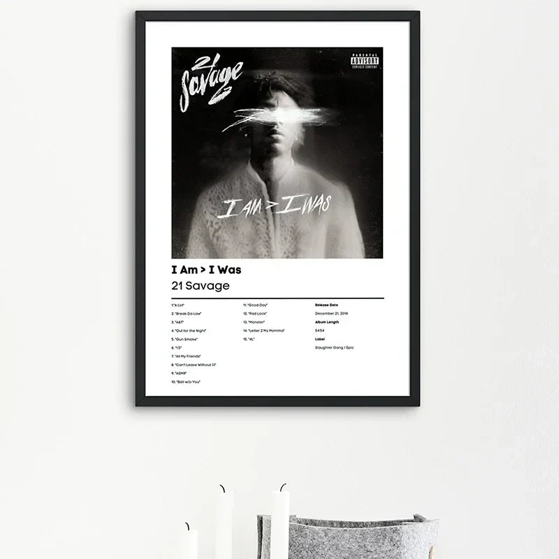 Black-framed hip hop rapper 21 savage music album art poster canvas featuring monochrome cover and track details in white text