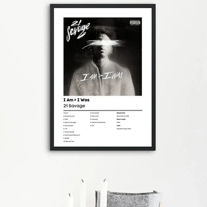 Black-framed hip hop rapper 21 savage music album art poster canvas featuring monochrome cover and track details in white text