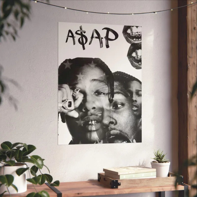 Black and white hip hop rapper asap rocky poster with layered facial portraits and dumb aesthetic canvas design