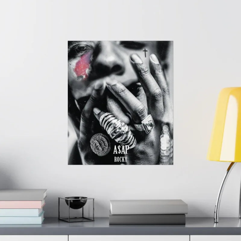 Black-and-white hip hop rapper asap rocky poster with pink eye makeup rings white music album dumb aesthetic canvas wall art