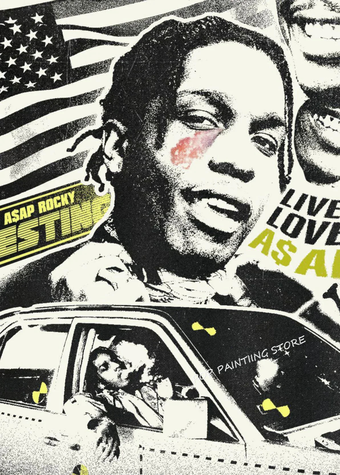 Black and white hip hop rapper asap rocky canvas wall art with red paint and american flag for living room decor