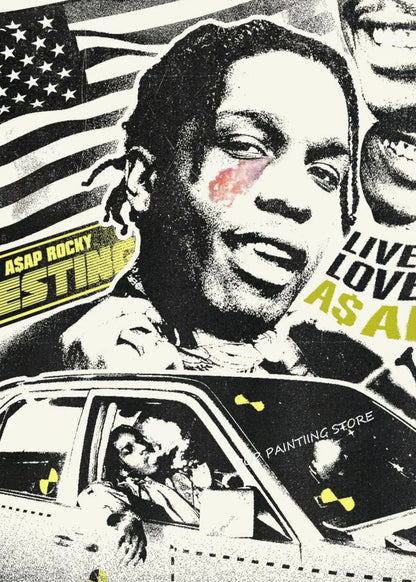 Black and white hip hop rapper asap rocky canvas wall art with red paint and american flag for living room decor
