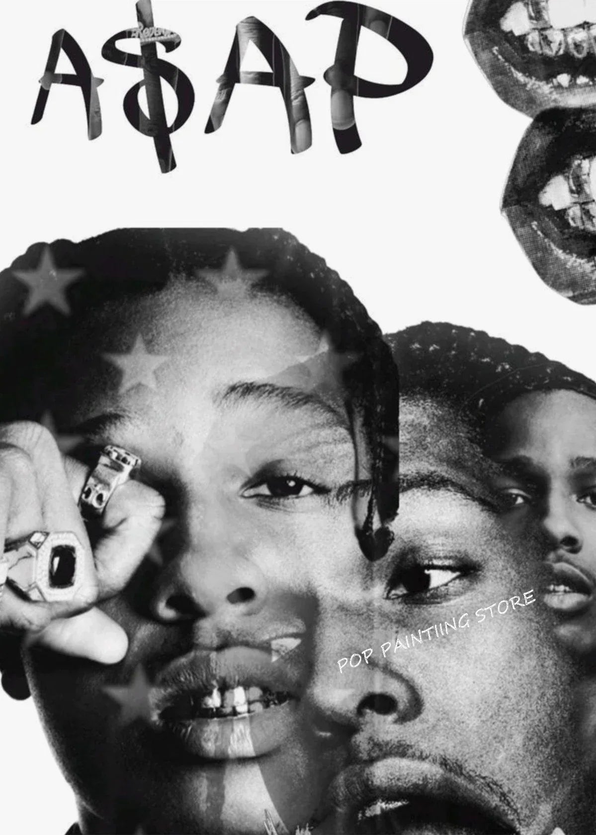 Black and white hip hop rapper asap rocky music album poster with star patterns and dumb aesthetic canvas wall art gift