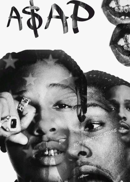Black and white hip hop rapper asap rocky music album poster with star patterns and dumb aesthetic canvas wall art gift