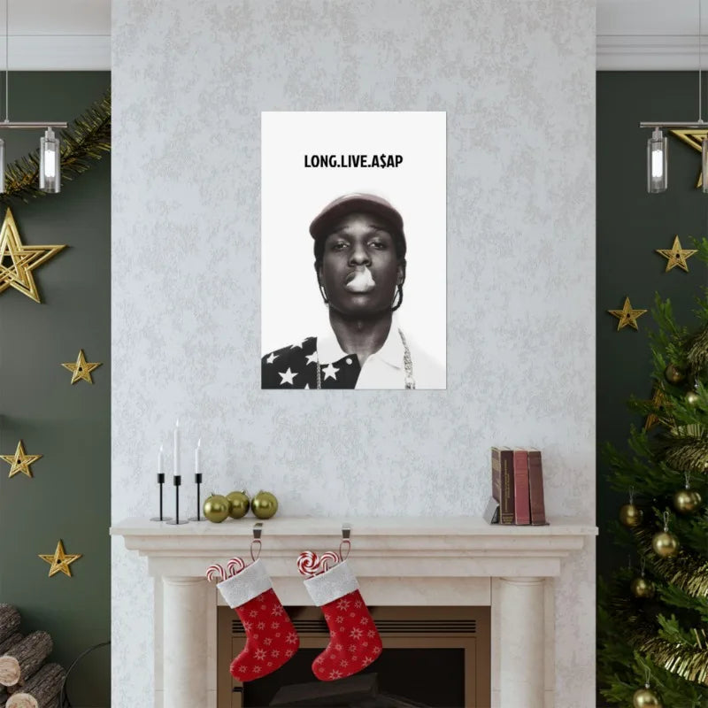 Black and white hip hop rapper asap rocky poster with bubblegum and american flag shirt on dumb aesthetic canvas
