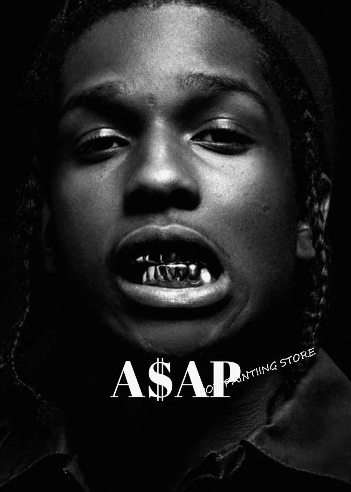 Black-and-white hip hop rapper asap rocky portrait with braided hair and metallic grillz on dumb aesthetic canvas wall art