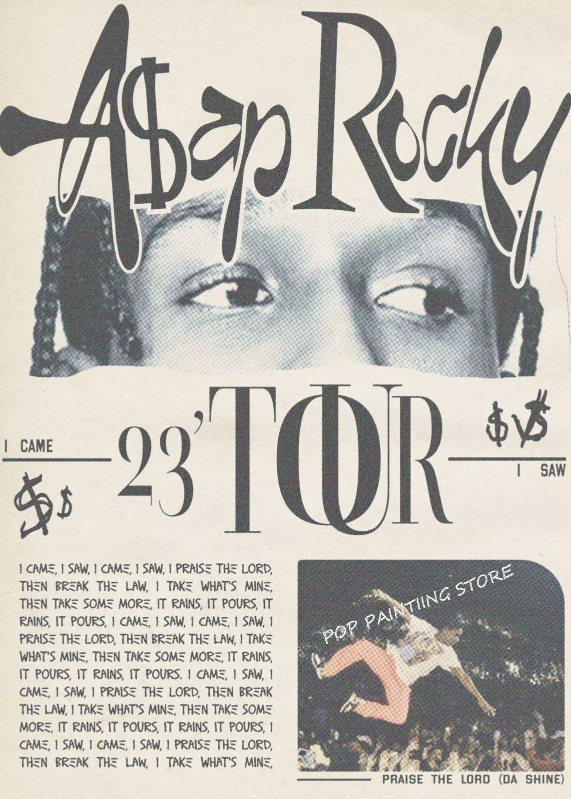 Black and white hip hop rapper asap rocky music album poster with bold typography dumb aesthetic canvas wall art gift