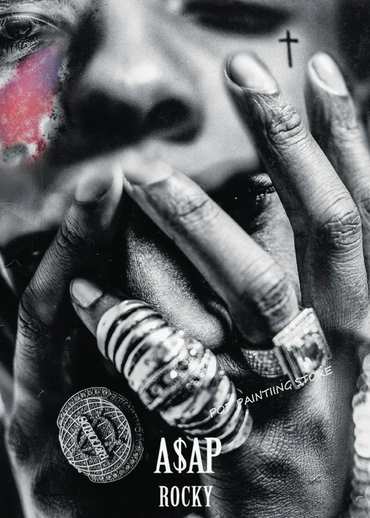 A hip hop rapper white music album canvas wall art featuring a stack of ornate diamond-encrusted rings for home decor