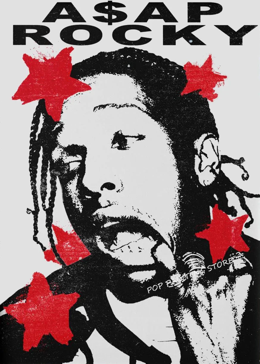 Black and white stylized hip hop rapper asap rocky portrait with red star graphics on dumb aesthetic canvas wall art