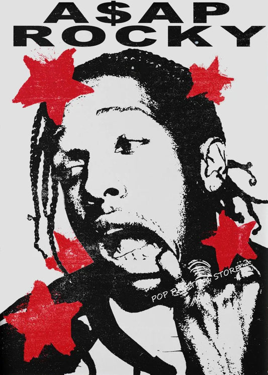 Black and white stylized hip hop rapper asap rocky portrait with red star graphics on dumb aesthetic canvas wall art