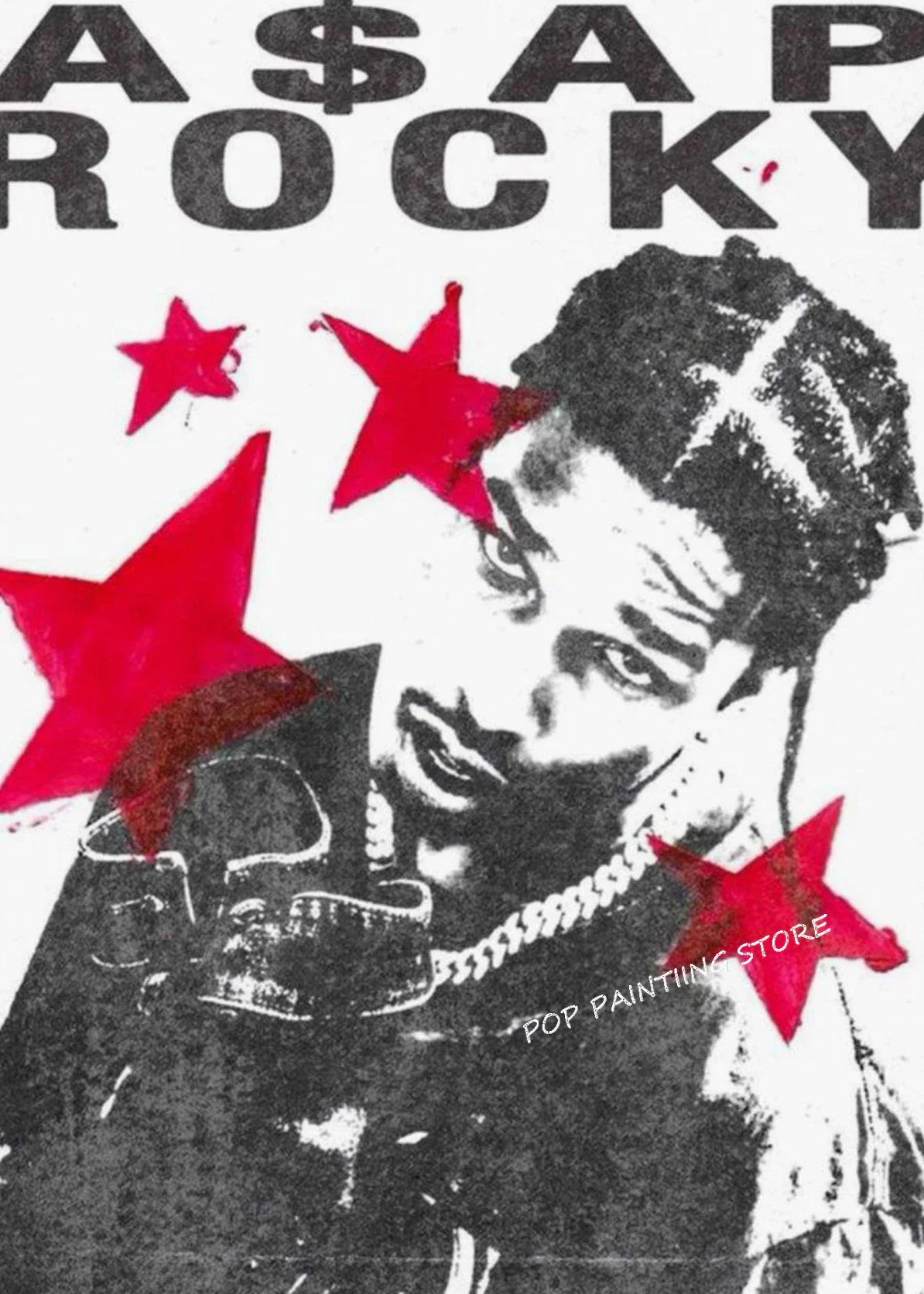 Black and white hip hop rapper asap rocky music album poster with bold red stars dumb aesthetic canvas wall art gift