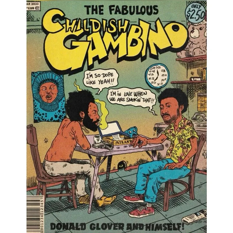 The fabulous childish gambino comic book cover with bold yellow lettering and cartoon men in a canvas painting wall picture