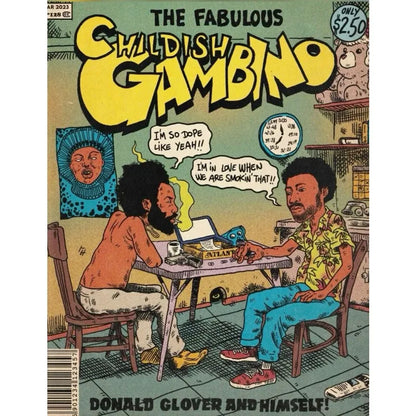 The fabulous childish gambino comic book cover with bold yellow lettering and cartoon men in a canvas painting wall picture