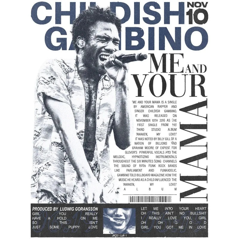 Black-and-white canvas painting wall picture of rapper childish gambino singing promoting gambino music album tracklist