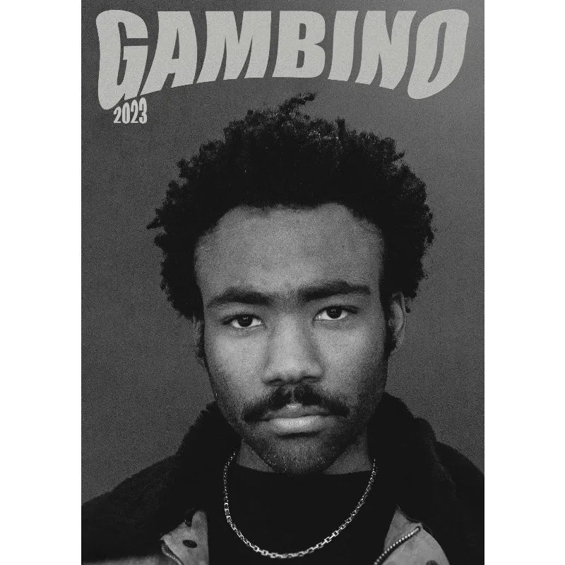 Black-and-white canvas painting wall picture of rapper childish gambino with curly hair and silver chain necklace for home decor
