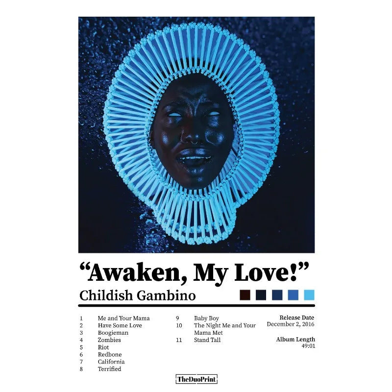 Striking canvas painting wall picture of rapper childish gambino with glowing blue circular design for home decor