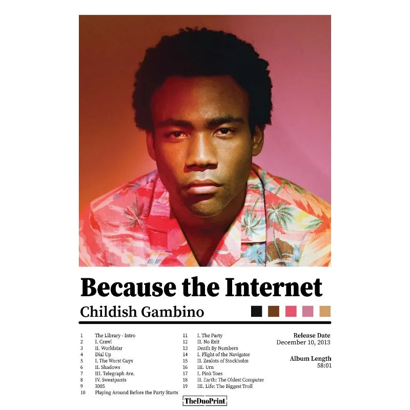 Vibrant tropical-patterned hawaiian shirt worn by a man with dark curly hair for rapper childish gambino painting wall pictures