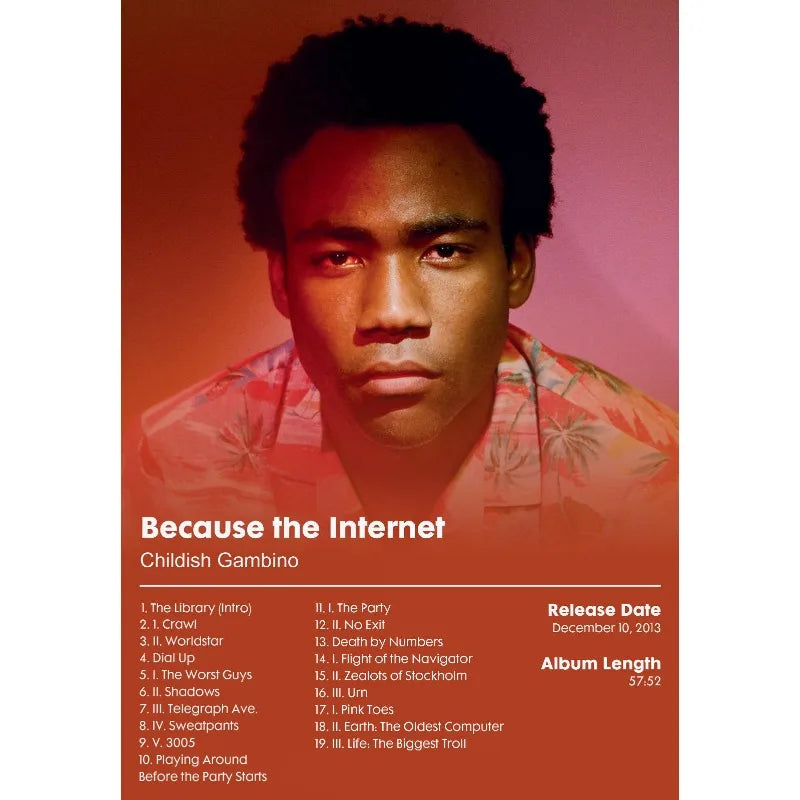 Vibrant orange canvas painting wall picture featuring rapper childish gambino portrait and gambino music album tracklist