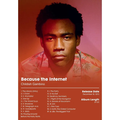 Vibrant orange canvas painting wall picture featuring rapper childish gambino portrait and gambino music album tracklist
