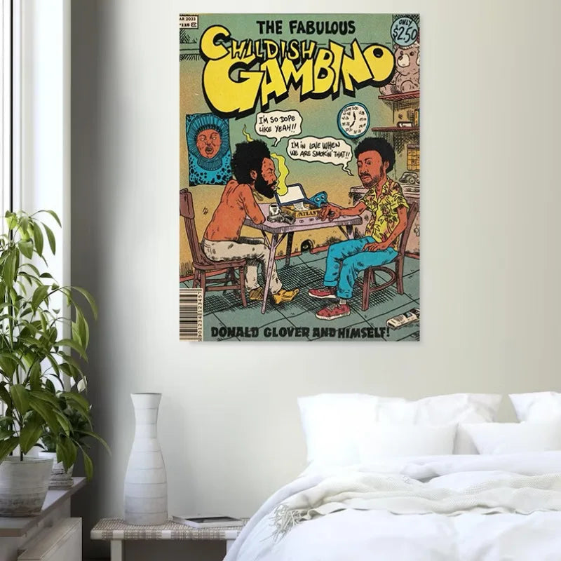 Vibrant canvas painting wall picture featuring rapper Childish Gambino with bold yellow lettering and comic book style