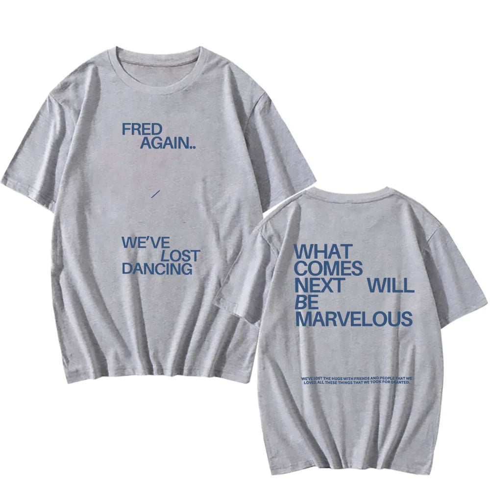Light gray cotton short sleeve t-shirt with blue text by hop rapper fred for casual unisex streetwear women cotton tees
