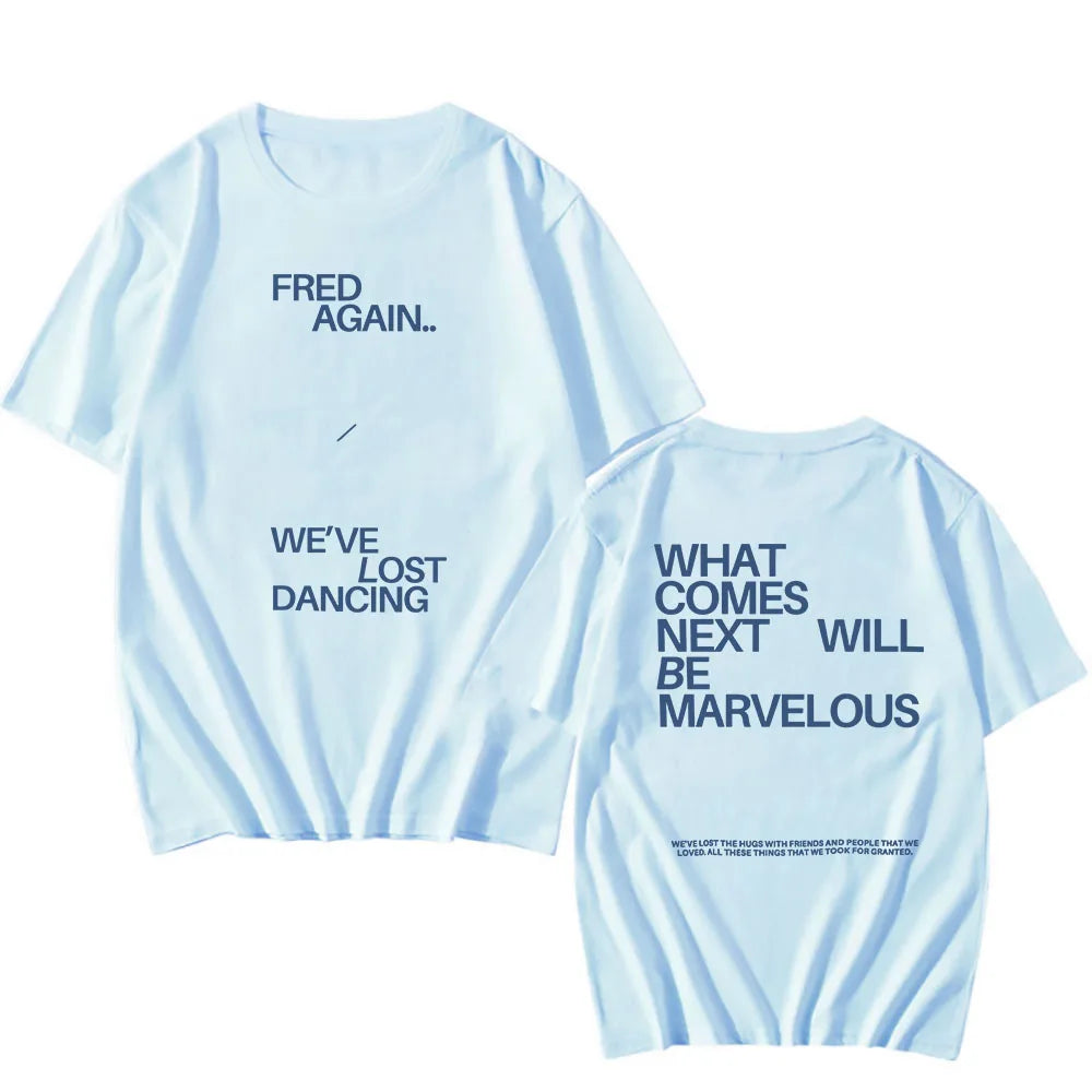 Light blue hop rapper fred short sleeve t-shirt with dark blue text casual unisex streetwear women cotton tees