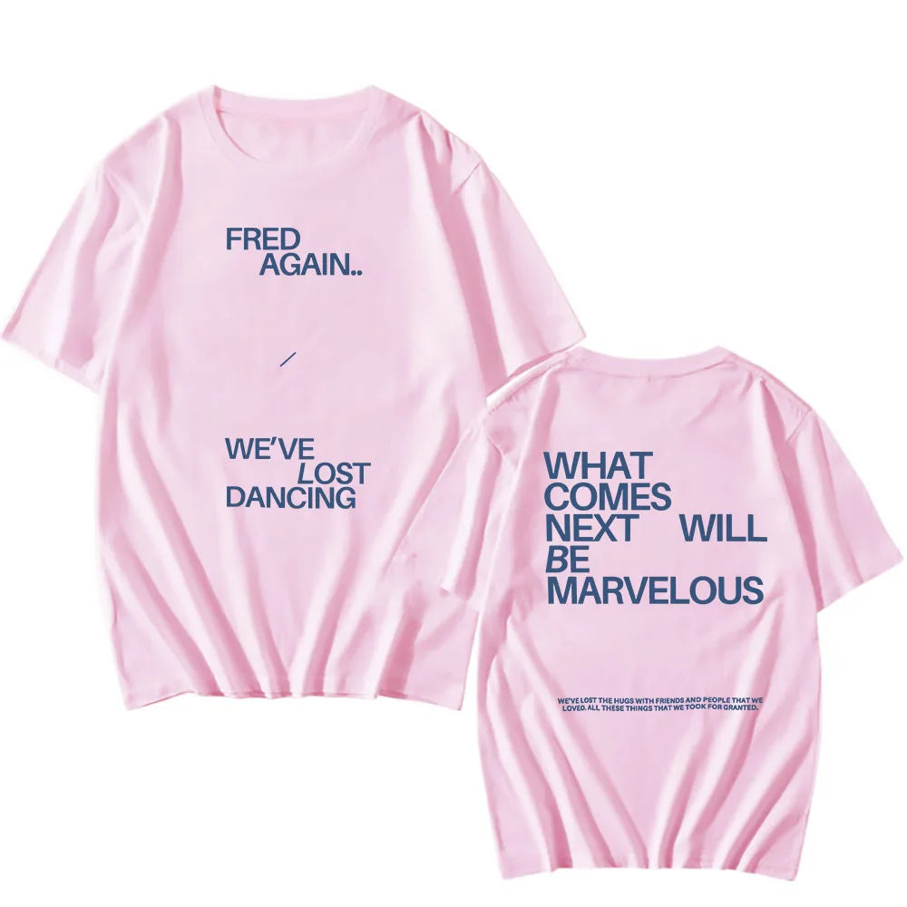 Pink short-sleeved hop rapper fred t-shirt with navy blue text casual unisex streetwear women cotton tees