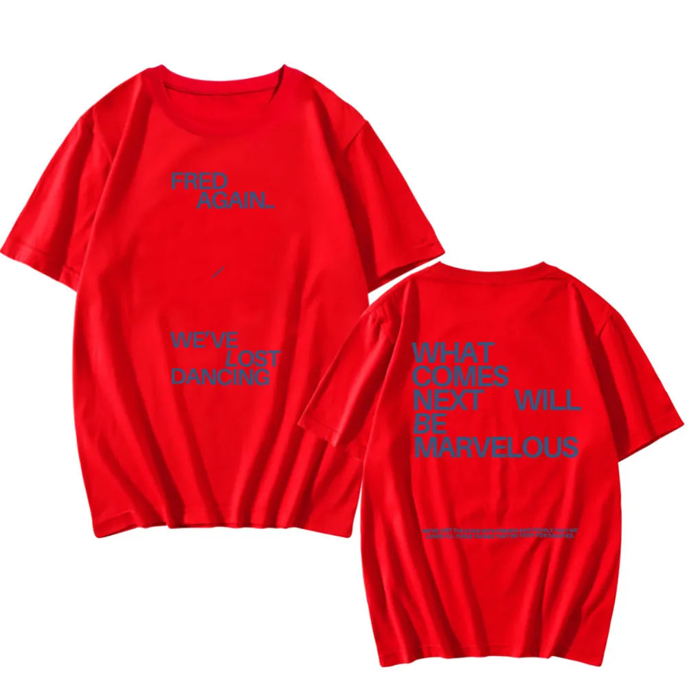 Red cotton hip hop rapper fred t-shirt with dark gray text casual unisex streetwear women cotton tees