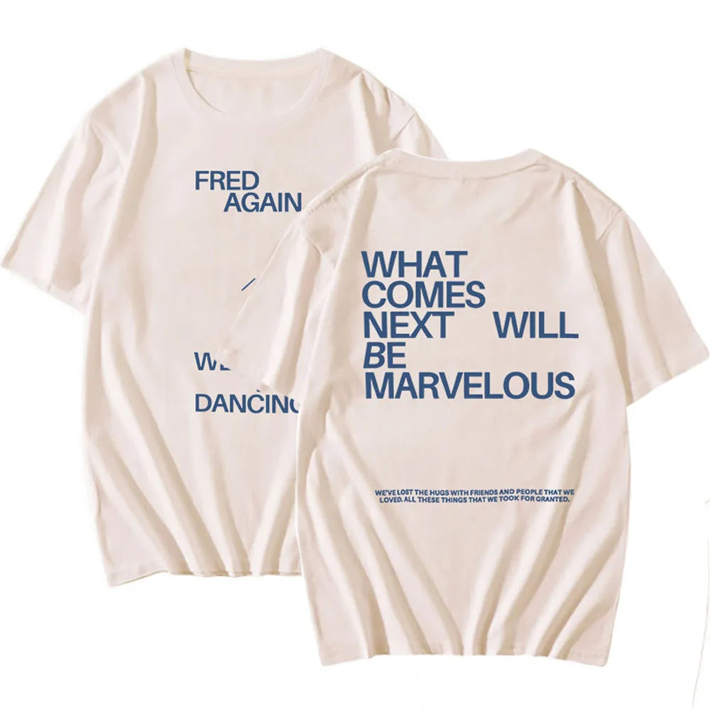 Cream-colored hip hop rapper fred short sleeve cotton t-shirt with navy blue print casual unisex streetwear women cotton tees