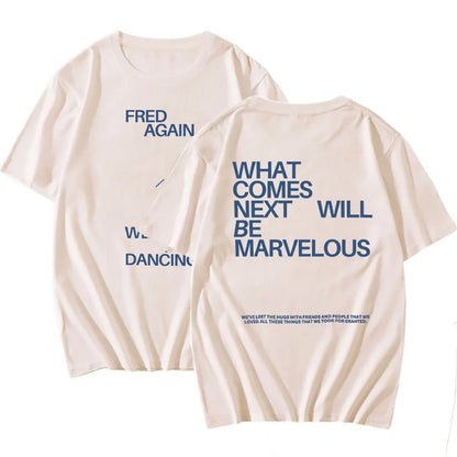 Cream-colored hip hop rapper fred short sleeve cotton t-shirt with navy blue print casual unisex streetwear women cotton tees