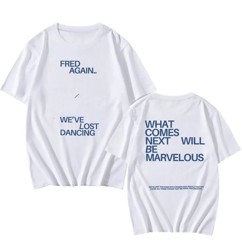 White cotton hip hop rapper fred casual unisex streetwear t-shirt with navy blue text for men and women cotton tees