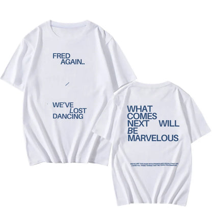 White cotton hip hop rapper fred casual unisex streetwear t-shirt with navy blue text for men and women cotton tees