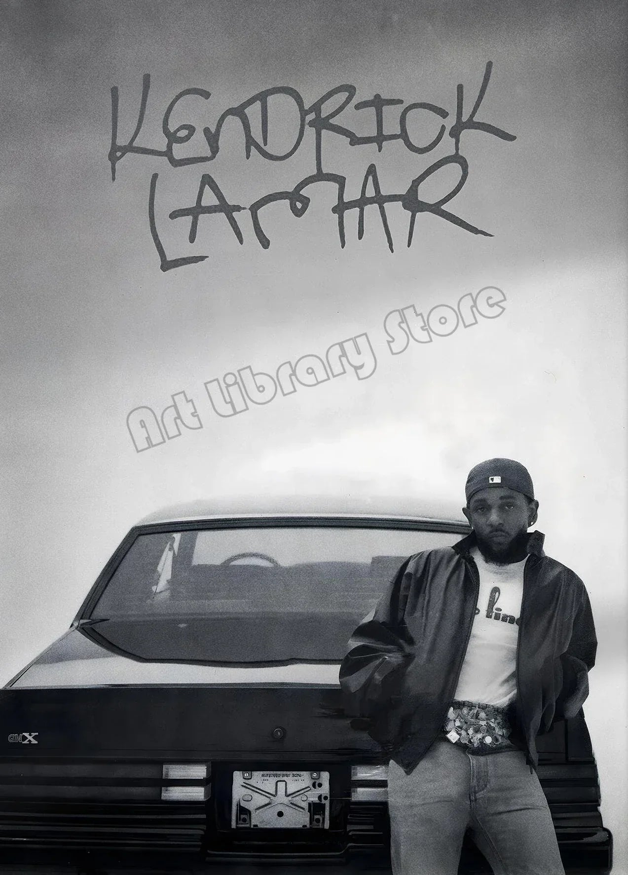 Black leather jacket with white t-shirt and patterned belt featured in hip hop rapper kendrick lamar music album anime canvas painting wall art