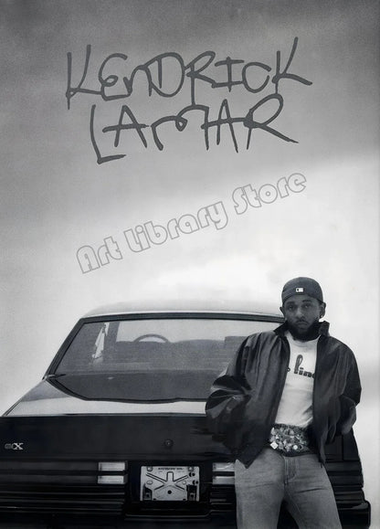 Black leather jacket with white t-shirt and patterned belt featured in hip hop rapper kendrick lamar music album anime canvas painting wall art