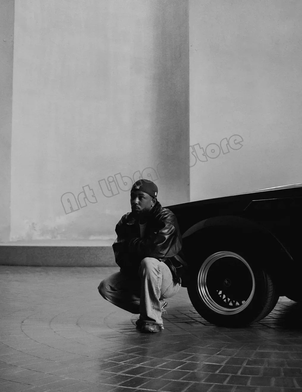 Black leather jacket with textured matte finish and stitching details for hip hop rapper music album anime fans