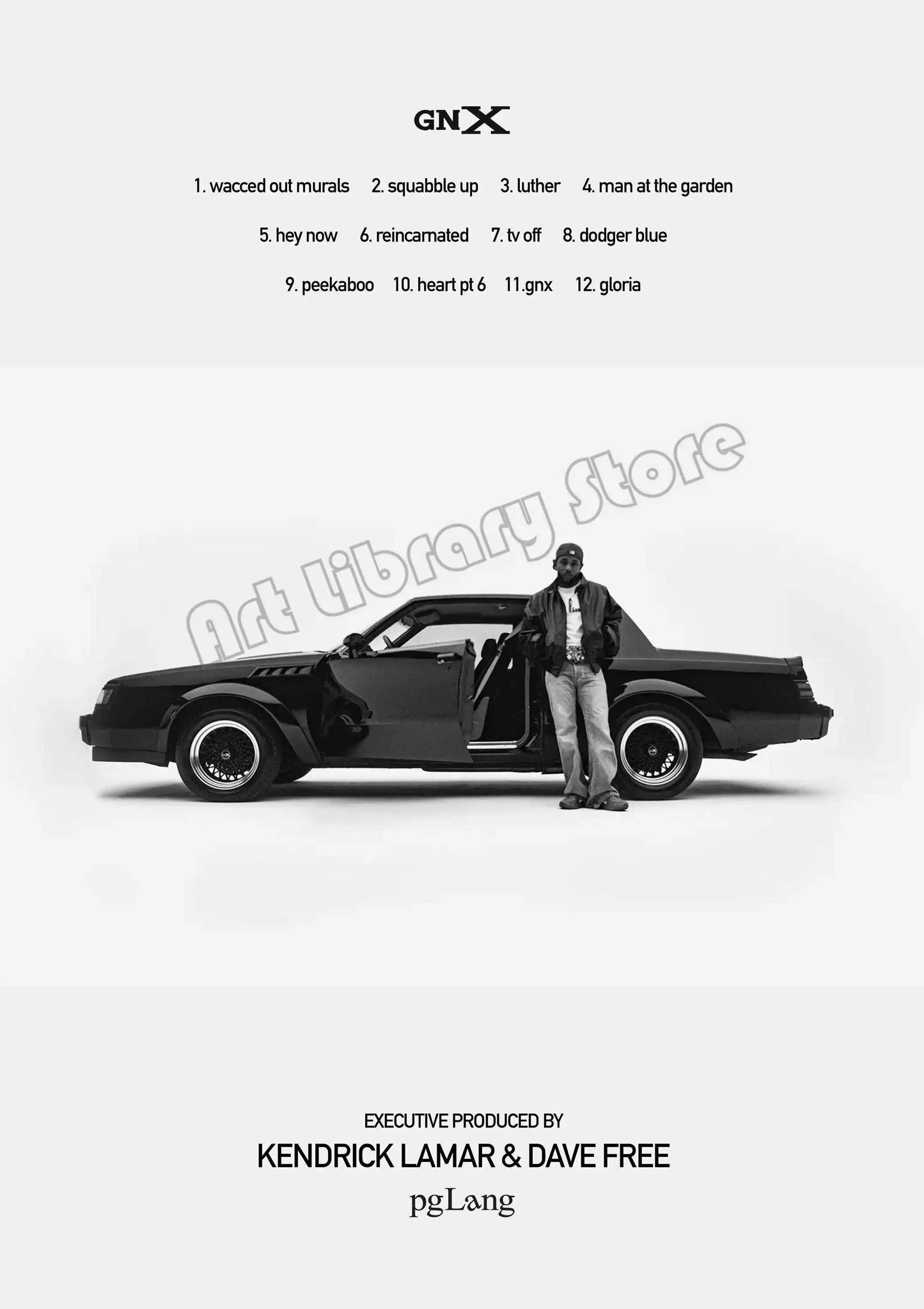 Black gnx muscle car with open doors and man standing beside hip hop rapper music album anime canvas painting wall art