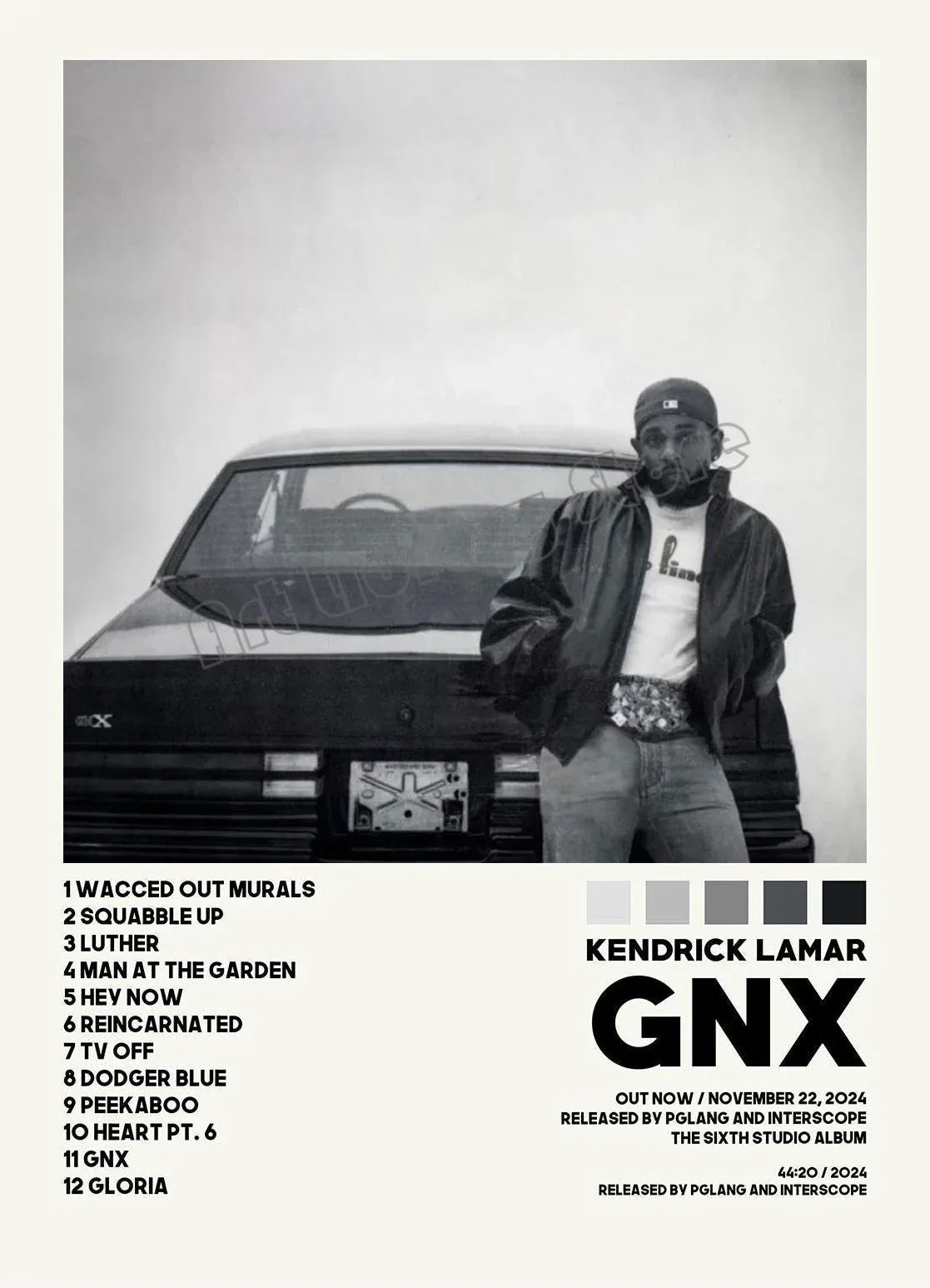 Black and white hip hop rapper kendrick lamar gnx music album anime canvas painting wall art with man and classic car