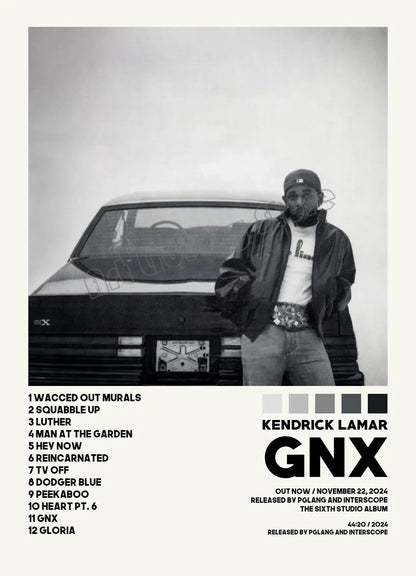 Black and white hip hop rapper kendrick lamar gnx music album anime canvas painting wall art with man and classic car