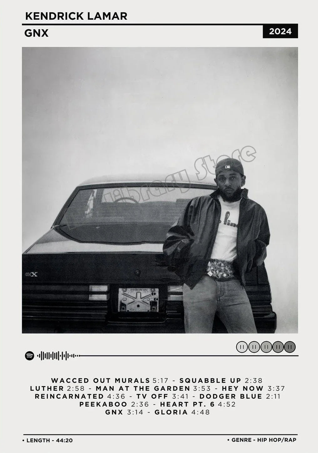 Black and white canvas painting wall art of hip hop rapper kendrick lamar with gnx car for music album anime fans gift