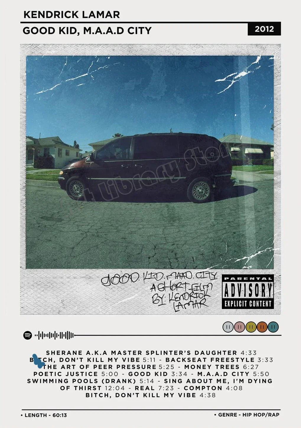 Dark maroon minivan on cracked asphalt under clear sky featured in hip hop rapper music album anime canvas painting wall art