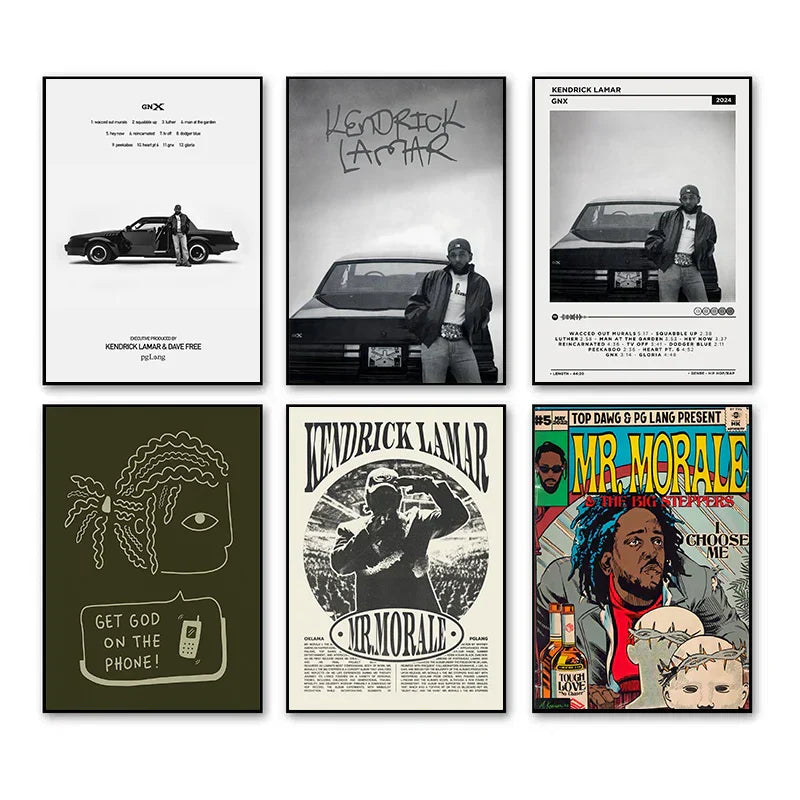Set of six framed kendrick lamar hip hop rapper-themed canvas painting wall art with black-and-white and colorful designs